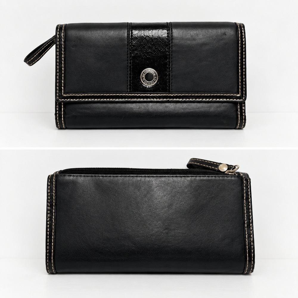Coach Black Leather Trifold Wallet with Contrast Stitching- DAMAGED interior